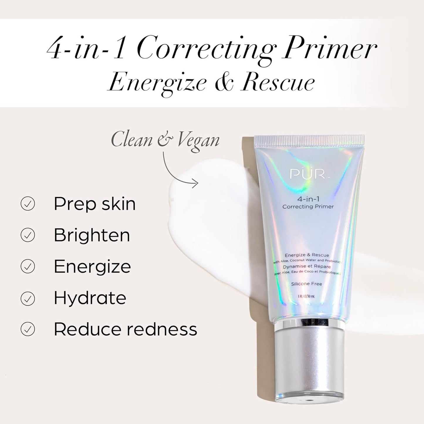 PUR Beauty 4-In-1 Correcting Primer, Energize & Rescue - Primer for Face before Makeup - Face Makeup for Women - Silicone-Free Hydrating Make up Helps Reduce Redness, 1 Fl Oz